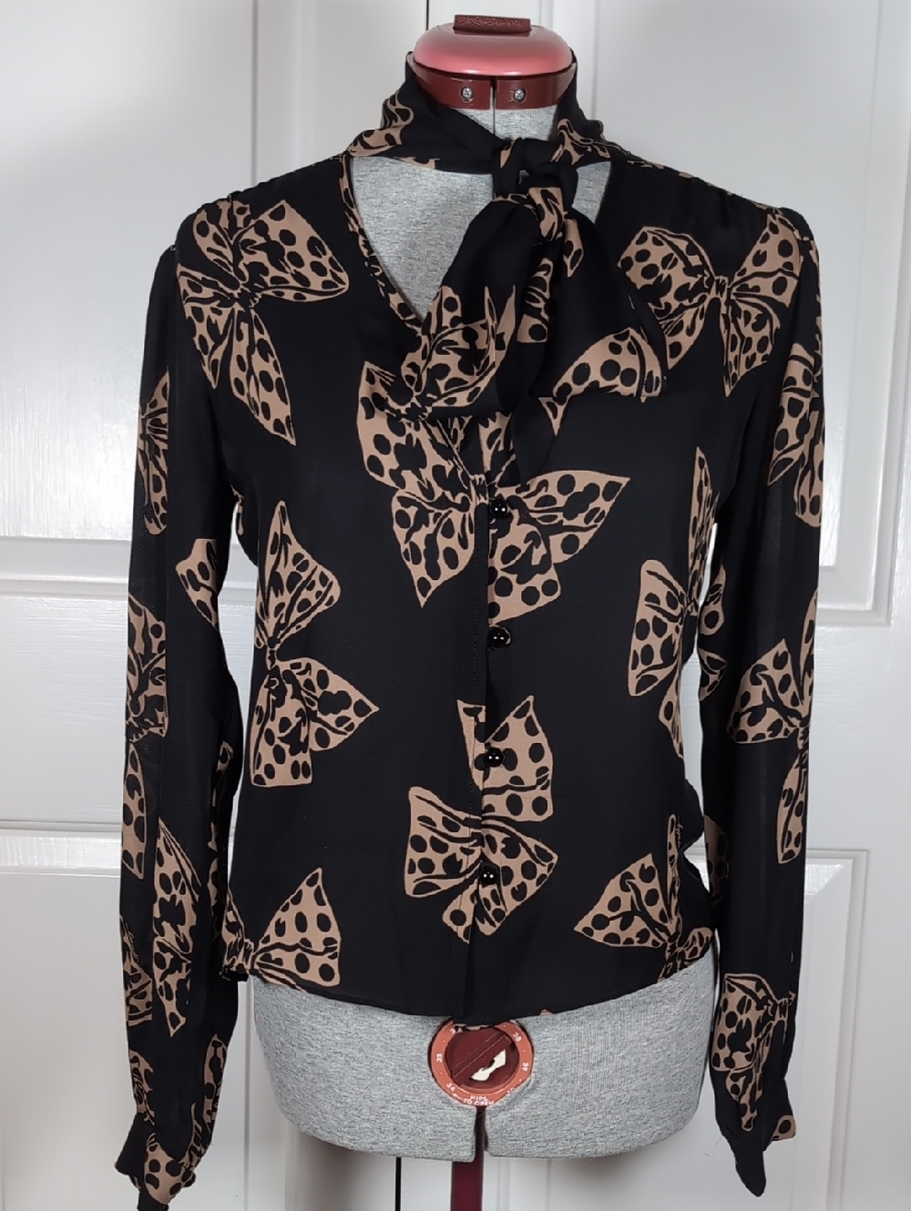 Milly New York Silk Bow Blouse Black Tan Scarf Tie Neck Long Sleeve Designer 4